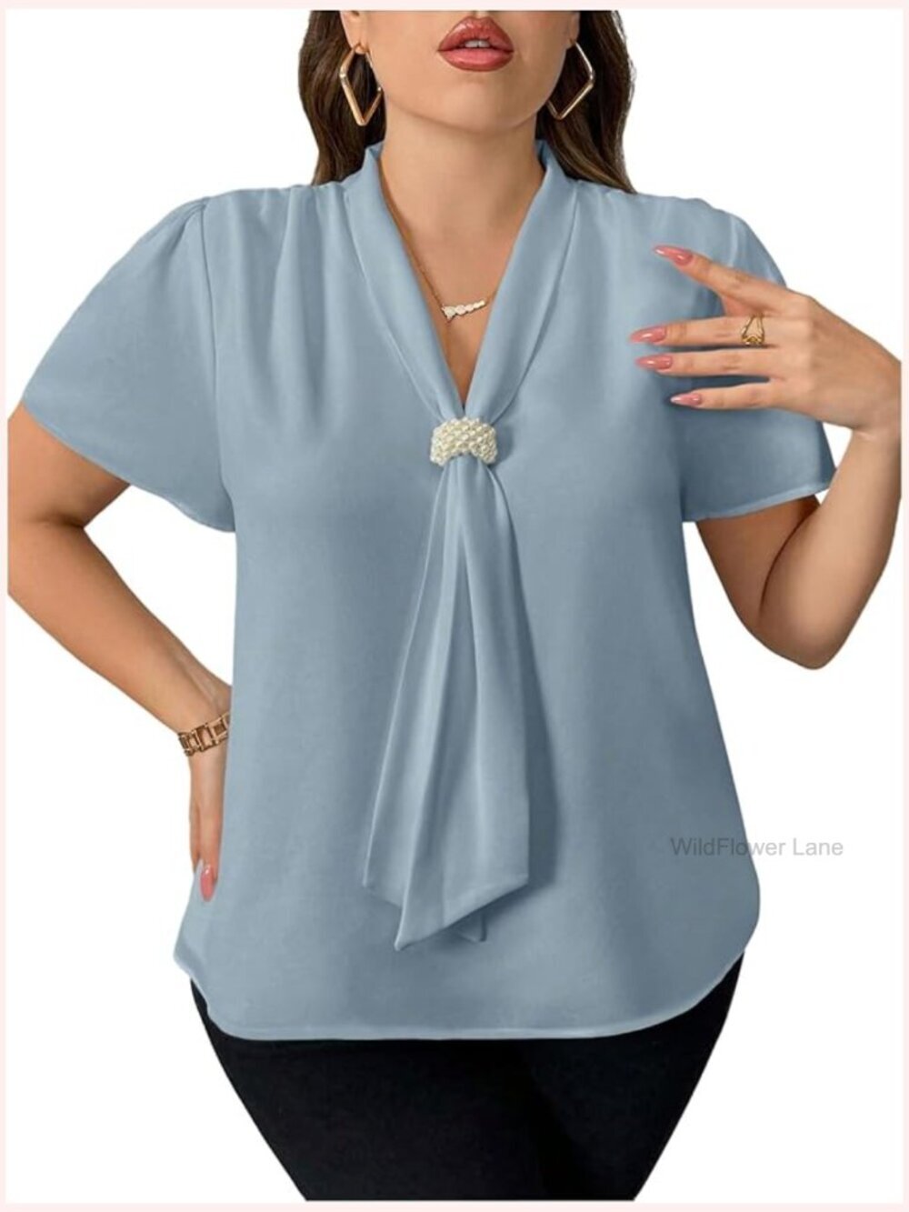 Pearl Tie Neck Blouse Elegant Short Sleeve Business Casual Top